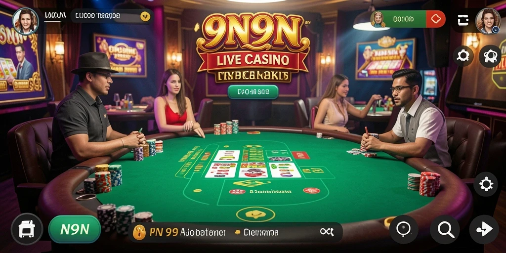 Screenshot gameplay Live Casino pada 9N9N dengan dealer profesional.