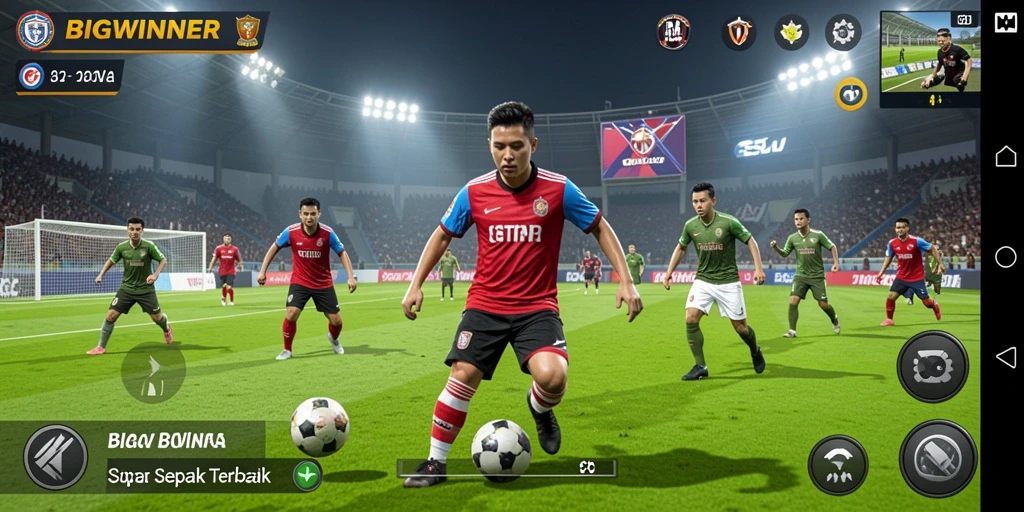 Tampilan gameplay mendebarkan dalam BIGWINNER, menunjukkan aksi sepak bola yang nyata.