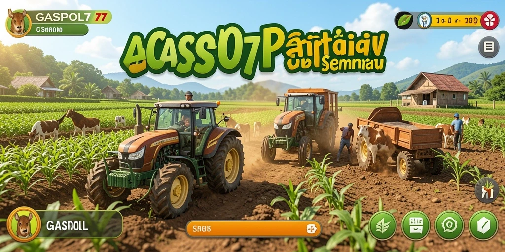 Screenshot utama menunjukkan gameplay seru dari GASPOL77 dengan suasana pertanian yang asri.