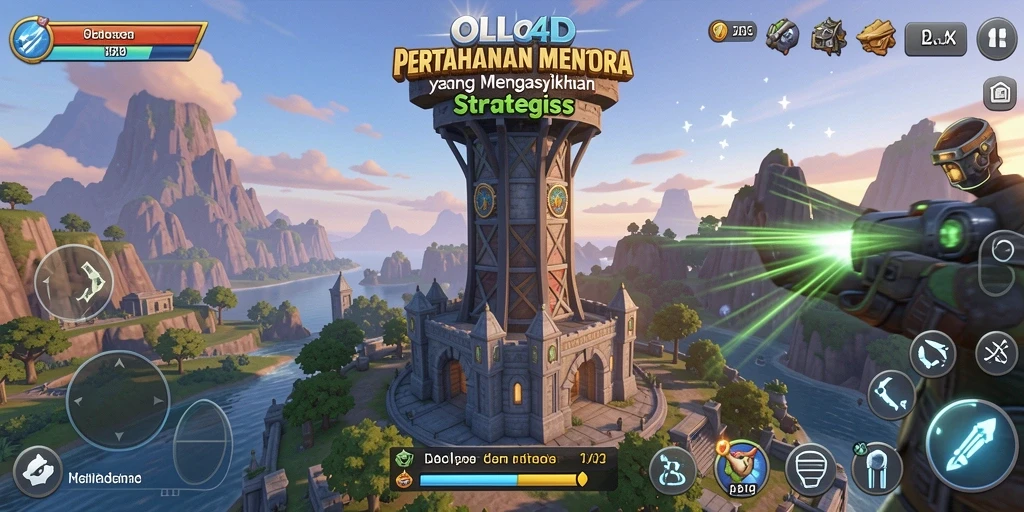 Tangkapan layar gameplay OLLO4D yang menunjukkan menara pertahanan dalam aksi.
