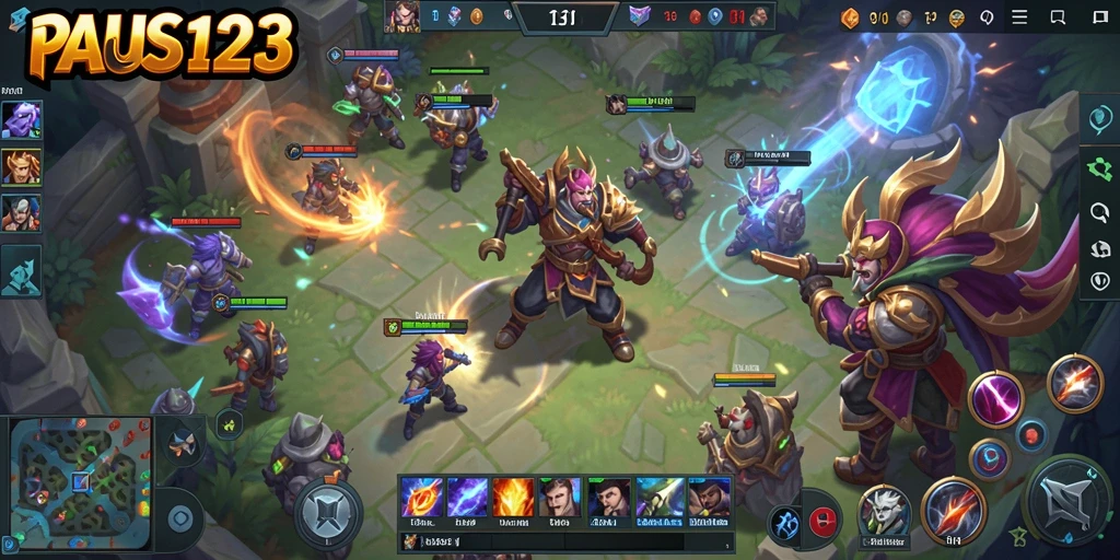 Screenshot gameplay PAUS123 dengan aksi pertempuran MOBA yang dinamis.