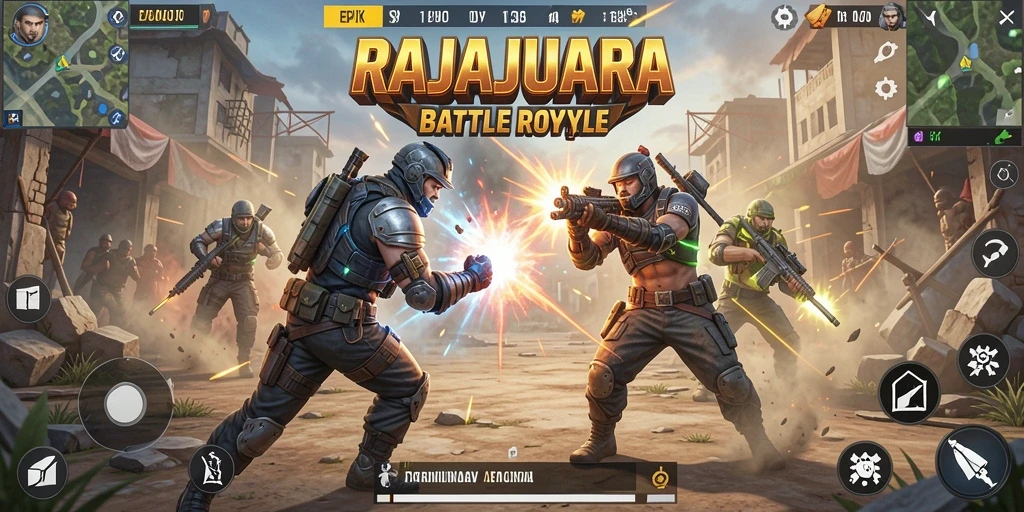 Tampilan gameplay seru RAJAJUARA dalam aksi Battle Royale.