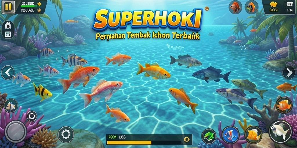 Tampilan gameplay SUPERHOKI yang menampilkan aksi menangkap ikan.