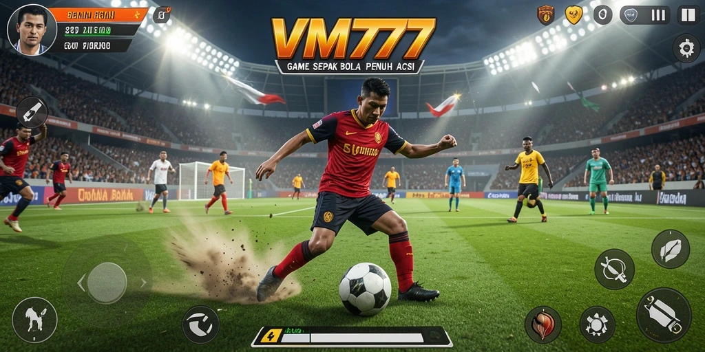 Screenshot utama VM777 menampilkan aksi pertandingan sepak bola yang mendebarkan.